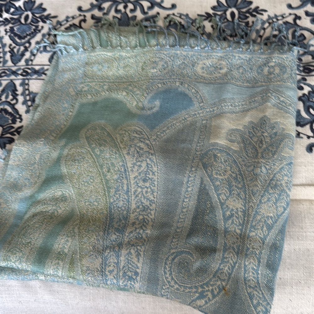 Paisley shawl greens blue silver gold pastels fringed very large shawl
